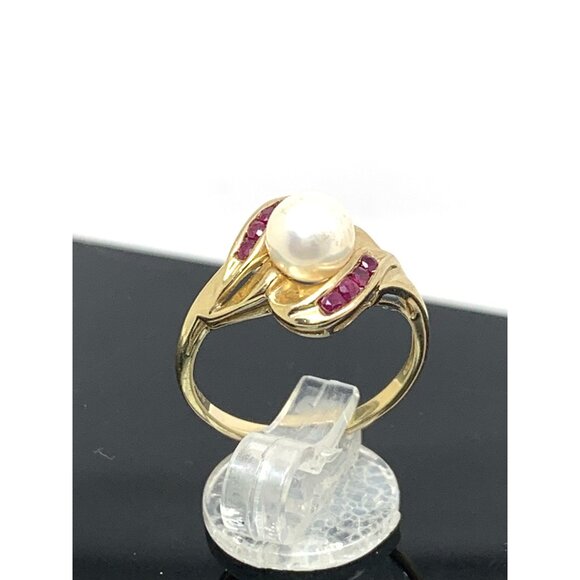 Pearl Red Gemstone Cocktail Ring 10k Yellow Gold Estate Jewelry Women's Size 7 - Picture 3 of 14